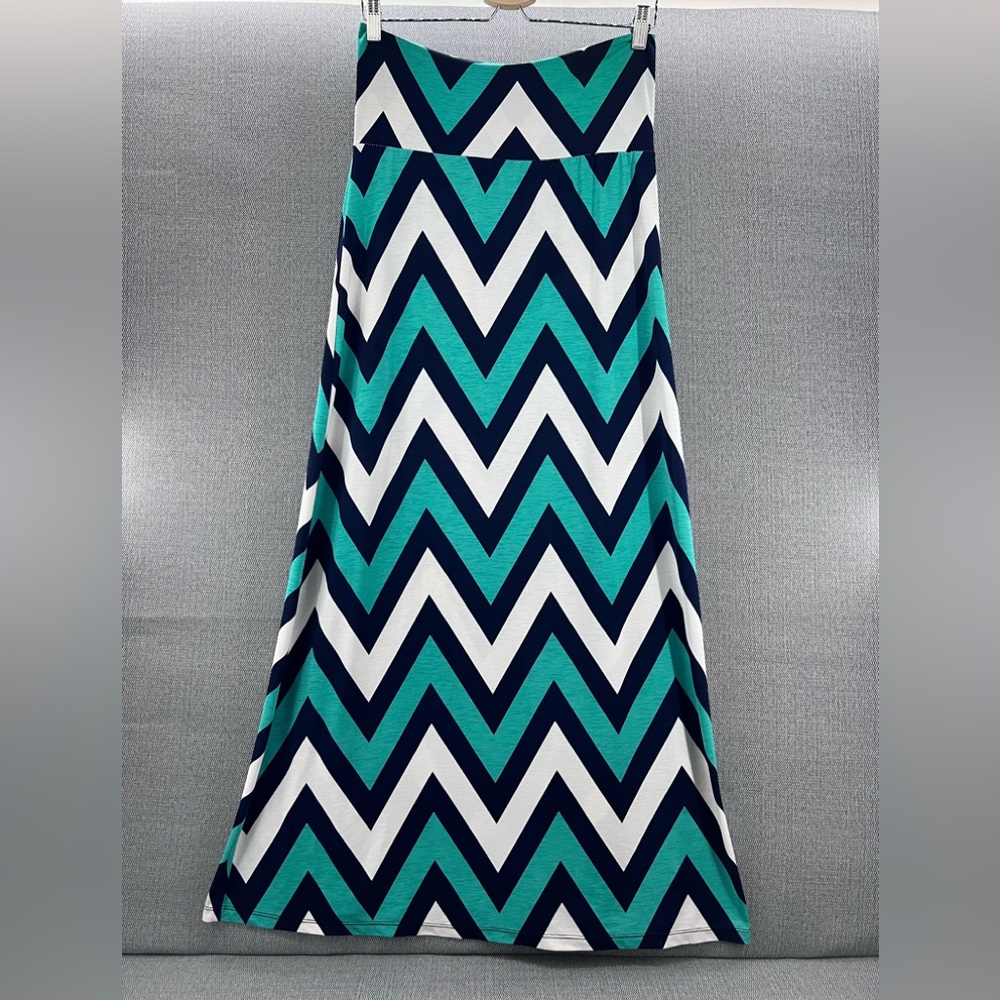 Tovia Maternity Women’s Chevron Striped White/Navy/Teal Maxi Skirt‎ Size L